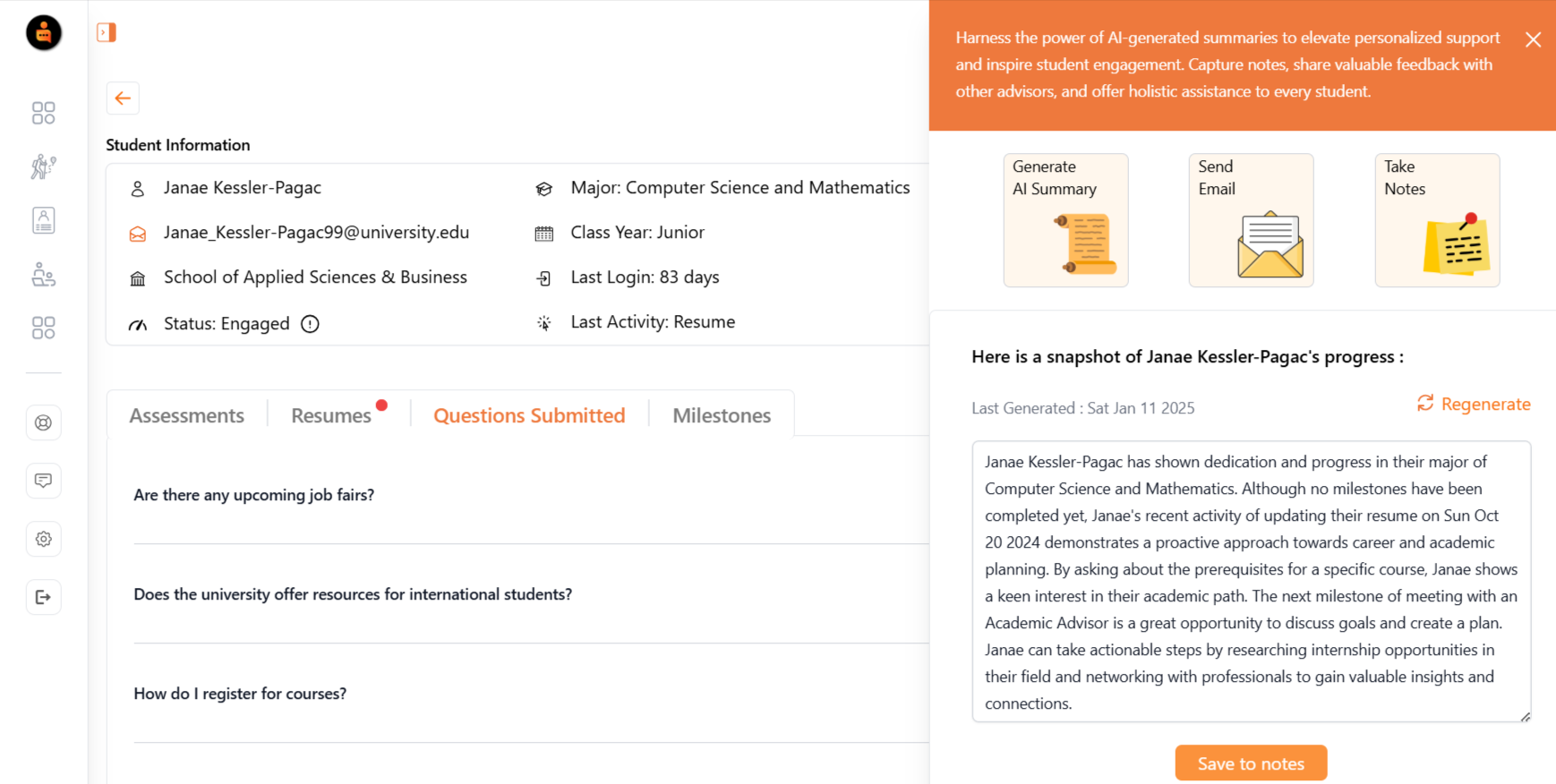 Case management (specific) - AI generated student progress report
