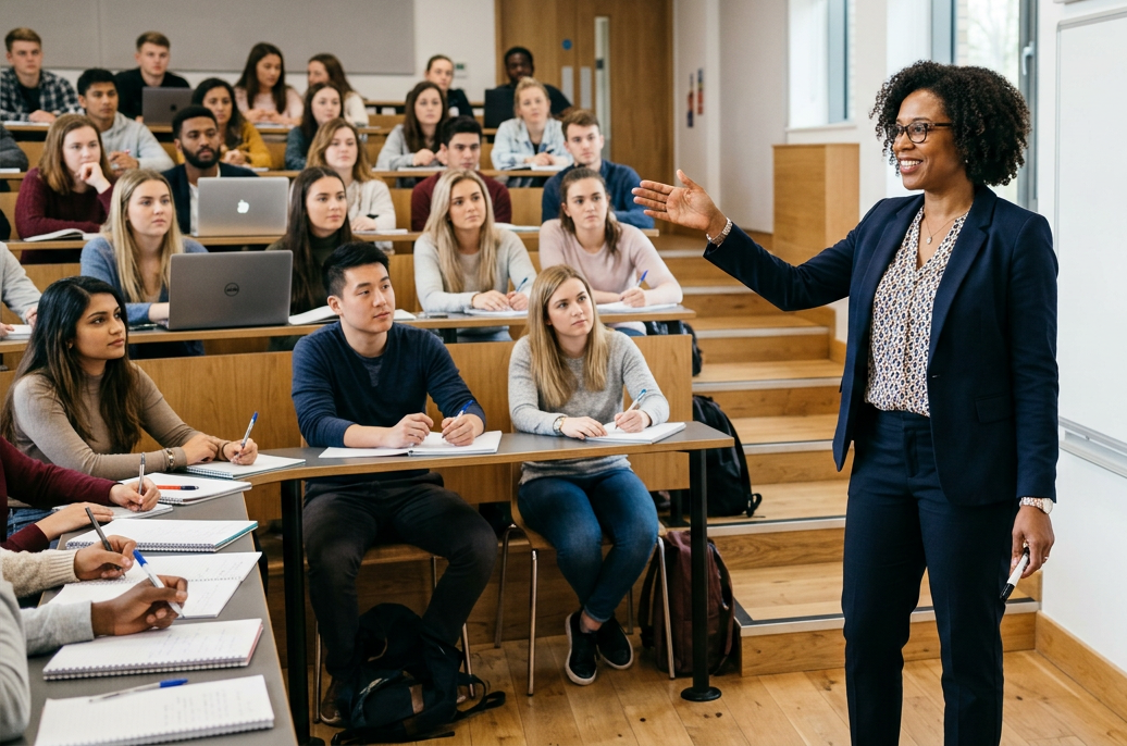 Female university staff presenting to students Female university staff presenting to students