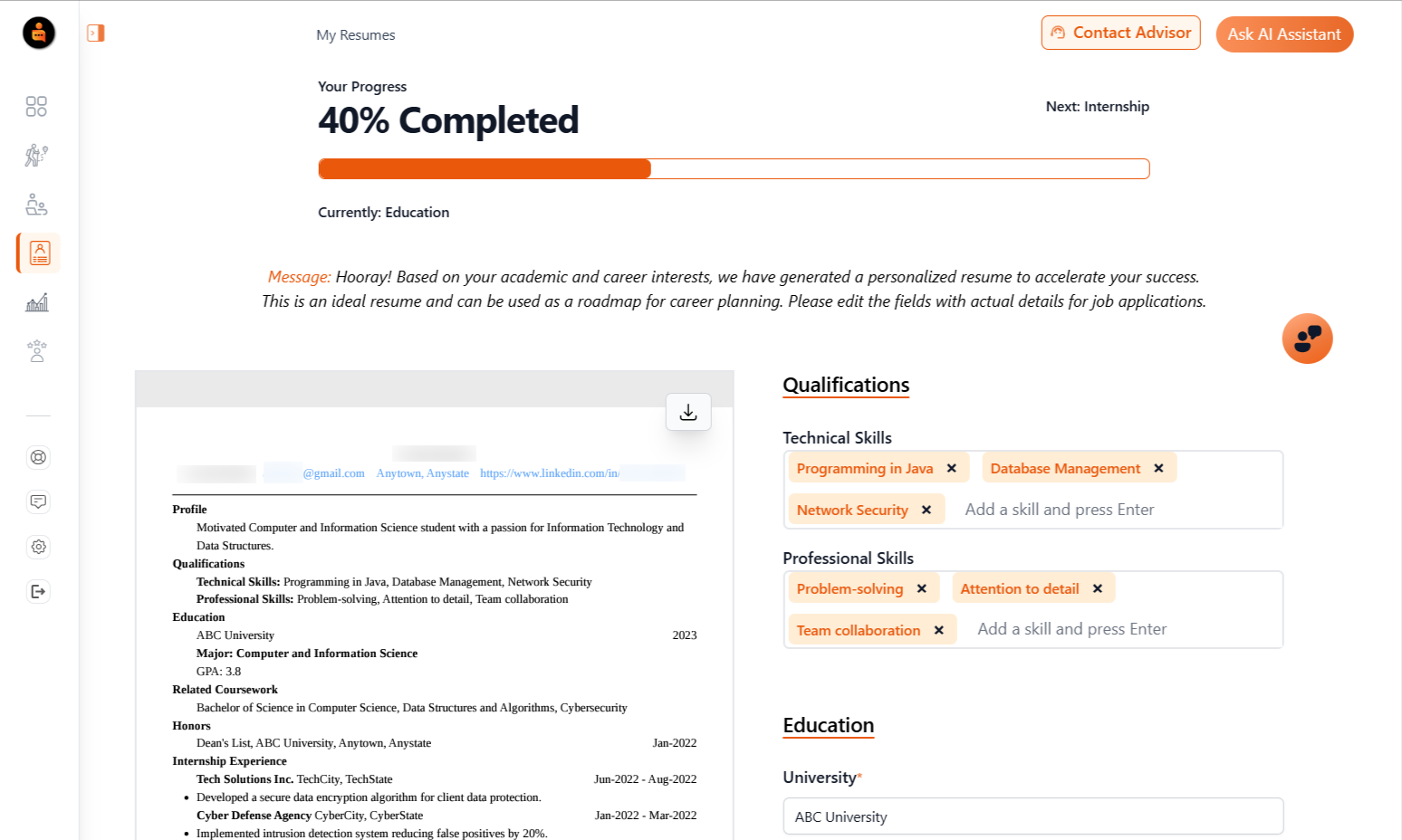 Resume creator - sample - detail (w_ Identifying info redacted)