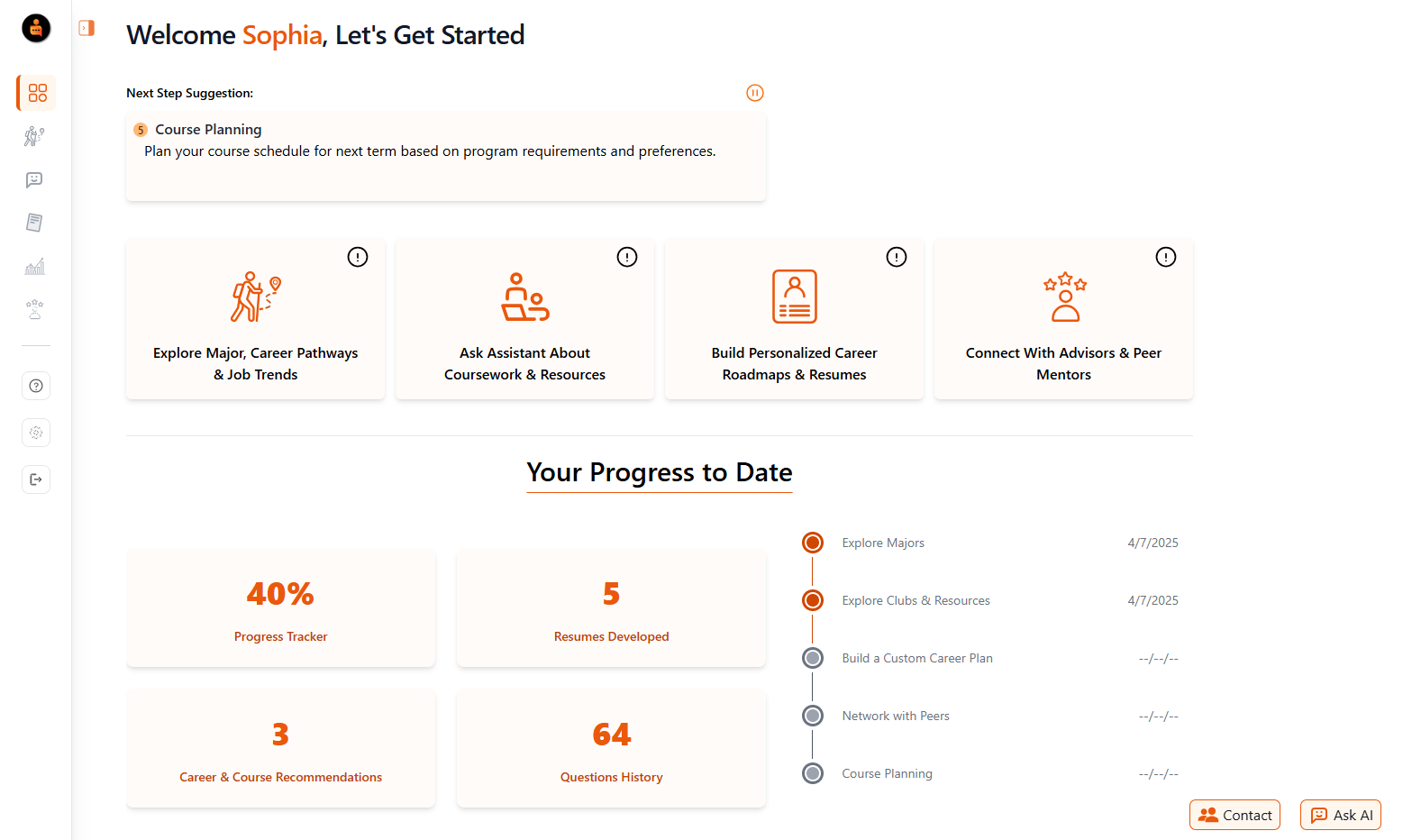 Student dashboard, welcome page
