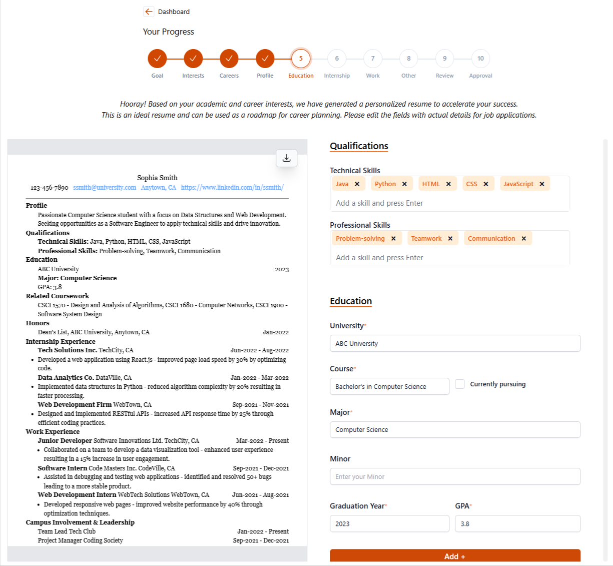 Resume Builder, student view Resume Builder, student view