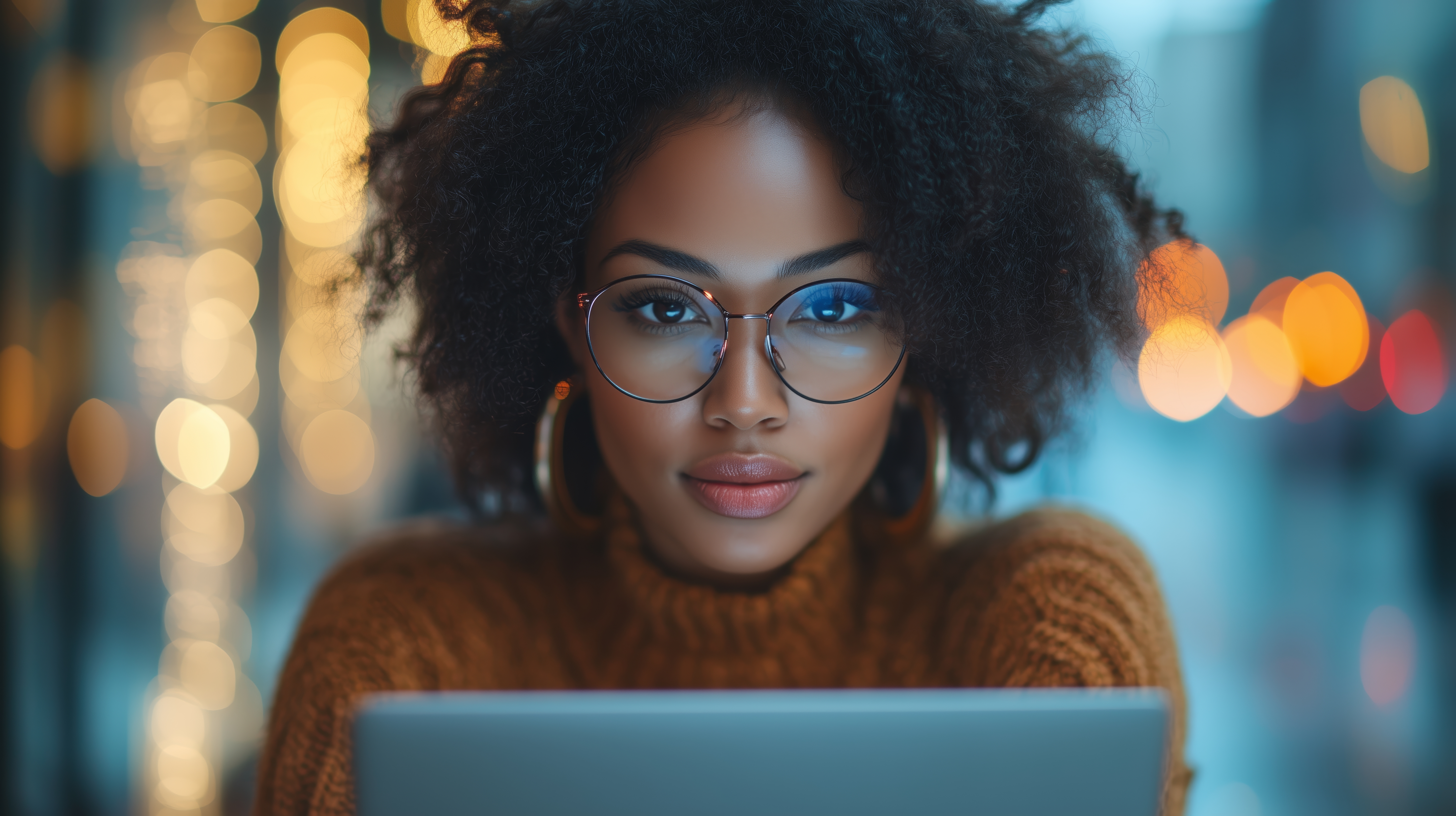 focused-woman-with-curly-hair-glasses-working-her-laptop-cozy-cafe-evening-illuminated-by-soft-lights